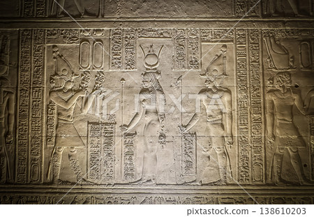 Beautiful bas-reliefs and ancient hieroglyphs from the Dendera Temple Complex, Qena, Egypt Beautiful bas-reliefs and ancient hieroglyphs from the Dendera Temple Complex, Qena, Egypt 138610203