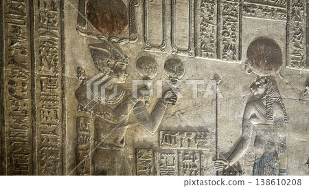 Beautiful bas-reliefs and ancient hieroglyphs from the Dendera Temple Complex, Qena, Egypt Beautiful bas-reliefs and ancient hieroglyphs from the Dendera Temple Complex, Qena, Egypt 138610208
