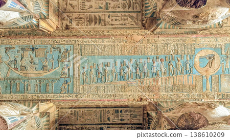 Beautiful vaults and bas-reliefs in the ancient temple complex of Dendera, Qena, Egypt Beautiful vaults and bas-reliefs in the ancient temple complex of Dendera, Qena, Egypt 138610209