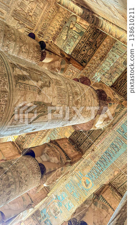 Beautiful vaults and bas-reliefs in the ancient temple complex of Dendera, Qena, Egypt Beautiful vaults and bas-reliefs in the ancient temple complex of Dendera, Qena, Egypt 138610211