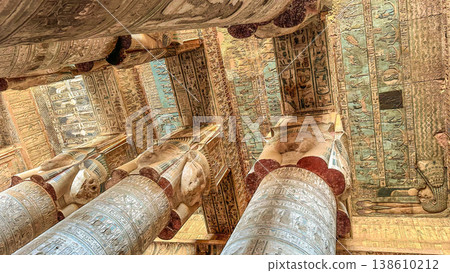 Beautiful vaults and bas-reliefs in the ancient temple complex of Dendera, Qena, Egypt Beautiful vaults and bas-reliefs in the ancient temple complex of Dendera, Qena, Egypt 138610212