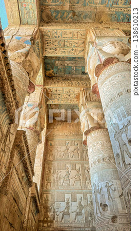 Beautiful vaults and bas-reliefs in the ancient temple complex of Dendera, Qena, Egypt Beautiful vaults and bas-reliefs in the ancient temple complex of Dendera, Qena, Egypt 138610213