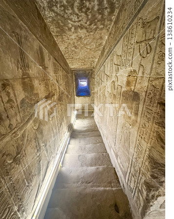 Beautiful wall paintings and bas-reliefs inside the ancient temple complex of Dendera, Qena, Egypt Beautiful wall paintings and bas-reliefs inside the ancient temple complex of Dendera, Qena, Egypt 138610234