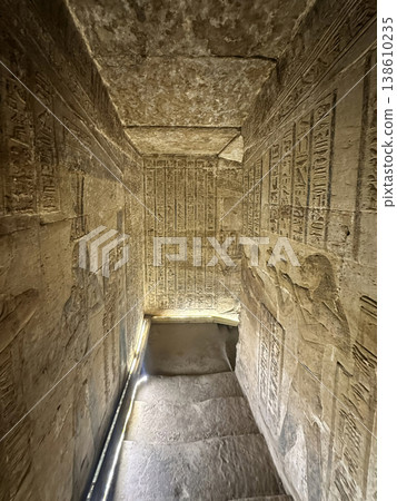 Beautiful wall paintings and bas-reliefs inside the ancient temple complex of Dendera, Qena, Egypt Beautiful wall paintings and bas-reliefs inside the ancient temple complex of Dendera, Qena, Egypt 138610235