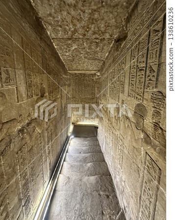 Beautiful wall paintings and bas-reliefs inside the ancient temple complex of Dendera, Qena, Egypt Beautiful wall paintings and bas-reliefs inside the ancient temple complex of Dendera, Qena, Egypt 138610236