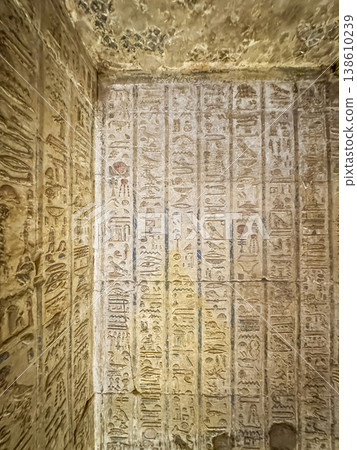 Beautiful bas-reliefs and ancient hieroglyphs from the Dendera Temple Complex, Qena, Egypt Beautiful bas-reliefs and ancient hieroglyphs from the Dendera Temple Complex, Qena, Egypt 138610239