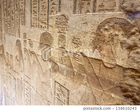 Beautiful bas-reliefs and ancient hieroglyphs from the Dendera Temple Complex, Qena, Egypt 138610243