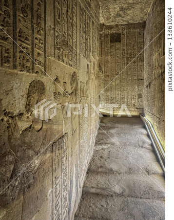 Beautiful wall paintings and bas-reliefs inside the ancient temple complex of Dendera, Qena, Egypt Beautiful wall paintings and bas-reliefs inside the ancient temple complex of Dendera, Qena, Egypt 138610244