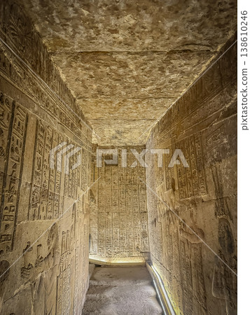 Beautiful wall paintings and bas-reliefs inside the ancient temple complex of Dendera, Qena, Egypt Beautiful wall paintings and bas-reliefs inside the ancient temple complex of Dendera, Qena, Egypt 138610246