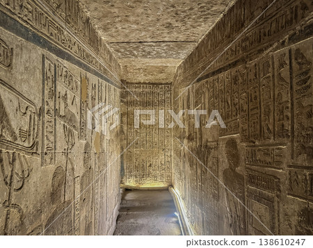 Beautiful wall paintings and bas-reliefs inside the ancient temple complex of Dendera, Qena, Egypt Beautiful wall paintings and bas-reliefs inside the ancient temple complex of Dendera, Qena, Egypt 138610247