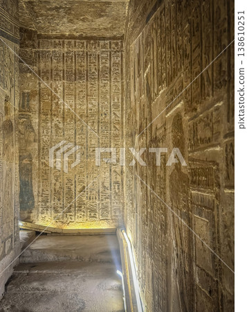 Beautiful wall paintings and bas-reliefs inside the ancient temple complex of Dendera, Qena, Egypt Beautiful wall paintings and bas-reliefs inside the ancient temple complex of Dendera, Qena, Egypt 138610251