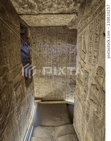 Beautiful wall paintings and bas-reliefs inside the ancient temple complex of Dendera, Qena, Egypt Beautiful wall paintings and bas-reliefs inside the ancient temple complex of Dendera, Qena, Egypt 138610257