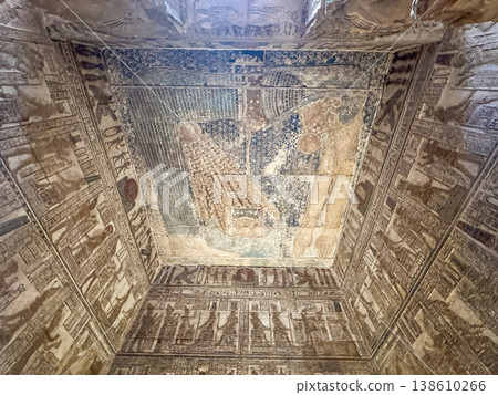 Beautiful wall paintings and bas-reliefs inside the ancient temple complex of Dendera, Qena, Egypt Beautiful wall paintings and bas-reliefs inside the ancient temple complex of Dendera, Qena, Egypt 138610266