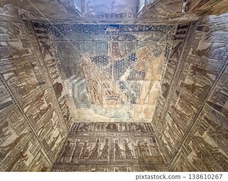 Beautiful wall paintings and bas-reliefs inside the ancient temple complex of Dendera, Qena, Egypt 138610267