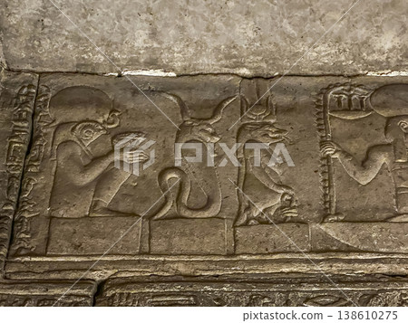 Beautiful bas-reliefs and ancient hieroglyphs from the Dendera Temple Complex, Qena, Egypt Beautiful bas-reliefs and ancient hieroglyphs from the Dendera Temple Complex, Qena, Egypt 138610275