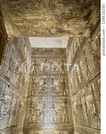 Beautiful wall paintings and bas-reliefs inside the ancient temple complex of Dendera, Qena, Egypt Beautiful wall paintings and bas-reliefs inside the ancient temple complex of Dendera, Qena, Egypt 138610280