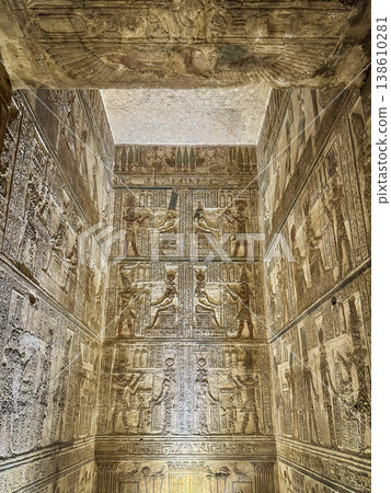 Beautiful wall paintings and bas-reliefs inside the ancient temple complex of Dendera, Qena, Egypt Beautiful wall paintings and bas-reliefs inside the ancient temple complex of Dendera, Qena, Egypt 138610281