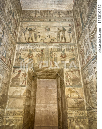 Beautiful wall paintings and bas-reliefs inside the ancient temple complex of Dendera, Qena, Egypt Beautiful wall paintings and bas-reliefs inside the ancient temple complex of Dendera, Qena, Egypt 138610282