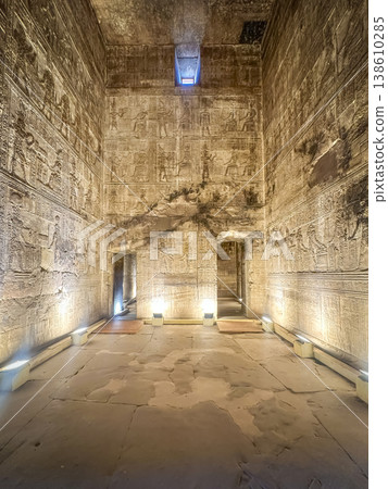 Beautiful wall paintings and bas-reliefs inside the ancient temple complex of Dendera, Qena, Egypt Beautiful wall paintings and bas-reliefs inside the ancient temple complex of Dendera, Qena, Egypt 138610285