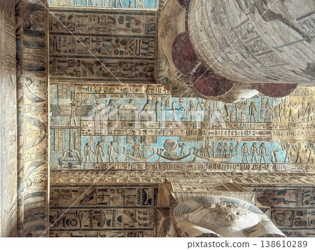 Beautiful vaults and bas-reliefs in the ancient temple complex of Dendera, Qena, Egypt Beautiful vaults and bas-reliefs in the ancient temple complex of Dendera, Qena, Egypt 138610289