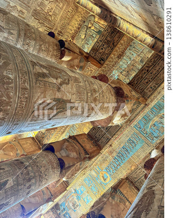 Beautiful vaults and bas-reliefs in the ancient temple complex of Dendera, Qena, Egypt Beautiful vaults and bas-reliefs in the ancient temple complex of Dendera, Qena, Egypt 138610291