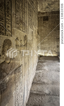Beautiful wall paintings and bas-reliefs inside the ancient temple complex of Dendera, Qena, Egypt 138610306