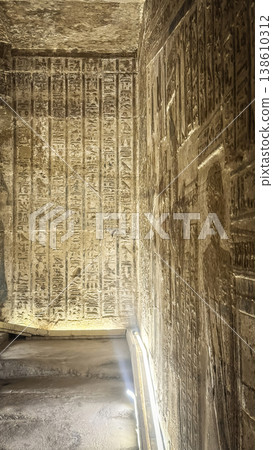 Beautiful wall paintings and bas-reliefs inside the ancient temple complex of Dendera, Qena, Egypt Beautiful wall paintings and bas-reliefs inside the ancient temple complex of Dendera, Qena, Egypt 138610312
