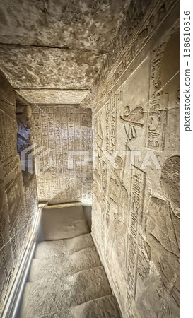 Beautiful wall paintings and bas-reliefs inside the ancient temple complex of Dendera, Qena, Egypt Beautiful wall paintings and bas-reliefs inside the ancient temple complex of Dendera, Qena, Egypt 138610316