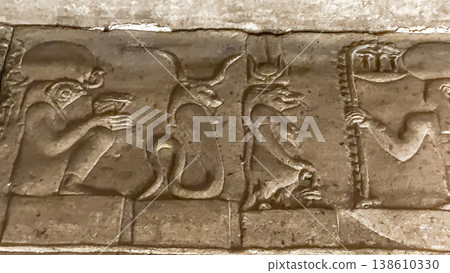 Beautiful bas-reliefs and ancient hieroglyphs from the Dendera Temple Complex, Qena, Egypt Beautiful bas-reliefs and ancient hieroglyphs from the Dendera Temple Complex, Qena, Egypt 138610330
