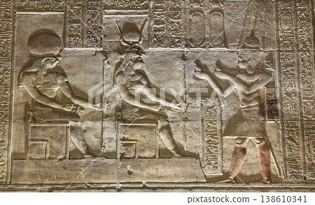 Beautiful bas-reliefs and ancient hieroglyphs from the Dendera Temple Complex, Qena, Egypt Beautiful bas-reliefs and ancient hieroglyphs from the Dendera Temple Complex, Qena, Egypt 138610341