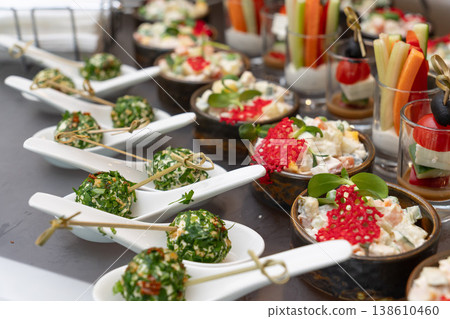 Assorted gourmet appetizers, vegetable sticks, and salads Assorted gourmet appetizers, vegetable sticks, and salads 138610460