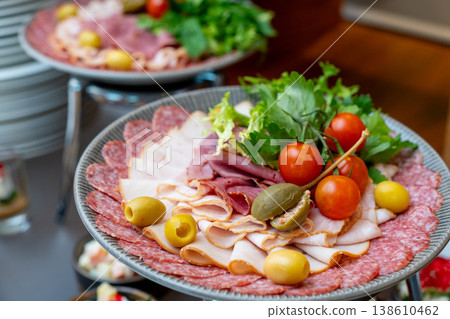 Assorted meat platter with sliced ham, salami, olives, and cherry tomatoes Assorted meat platter with sliced ham, salami, olives, and cherry tomatoes 138610462