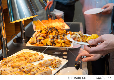 Businessman in suit serving grilled chicken roll and roasted potatoes Businessman in suit serving grilled chicken roll and roasted potatoes 138610477