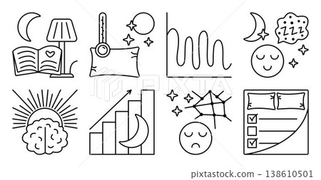 Sleep quality and productivity, black line icon set. Monochrome outline good and bad sleeping sign collection, various somnology symbols. Optimal conditions, spoil factors, tips Sleep quality and productivity, black line icon set. Monochrome outline good and bad sleeping sign collection, various somnology symbols. Optimal conditions, spoil factors, tips 138610501