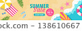 Summer Sale banner with beach elements, nautical themes, and bright seasonal accessories. Illustration for promotions, social media, landing pages, and promo materials with discounts up to 50 percent. 138610667