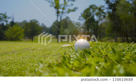 Golf ball is on a green lawn in a beautiful golf course with morning sunshine. Golf ball is on a green lawn in a beautiful golf course with morning sunshine. 138610689