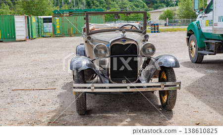 Skagway, Alaska, USA - July 23, 2019: Vintage convertible car of Ford A parked outdoor. Ford A. Vintage convertible car of Ford A, front view. Ford A convertible vintage 1931 Skagway, Alaska, USA - July 23, 2019: Vintage convertible car of Ford A parked outdoor. Ford A. Vintage convertible car of Ford A, front view. Ford A convertible vintage 1931 138610825