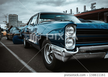 Blue Vintage American Car with Chrome Front Detail 138611161