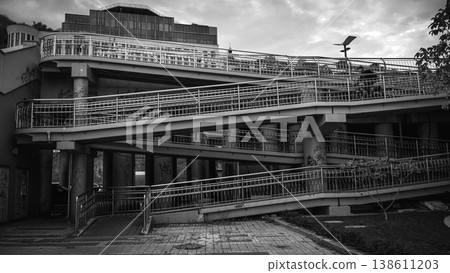 Black and White Urban Overpass with Curved Pedestrian Ramps Black and White Urban Overpass with Curved Pedestrian Ramps 138611203