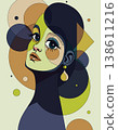 Abstract geometric portrait illustration of a woman featuring overlapping vibrant circles, triangles, and bold outlines in a modern cubist style. 138611216