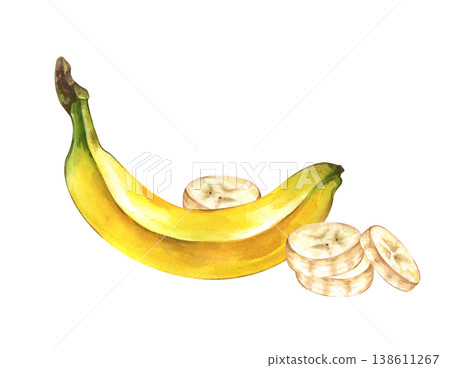 Watercolor illustration of curved yellow banana and sliced into small circles. Botanical clipart ripe fruit for healthy food packaging, smoothie bar menus, organic product branding and summer-themed 138611267