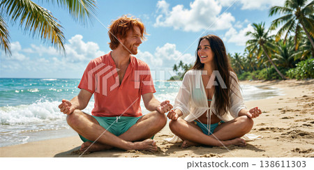 Couple meditating together on the beach with serene smile. Couple meditating together on the beach with serene smile. 138611303