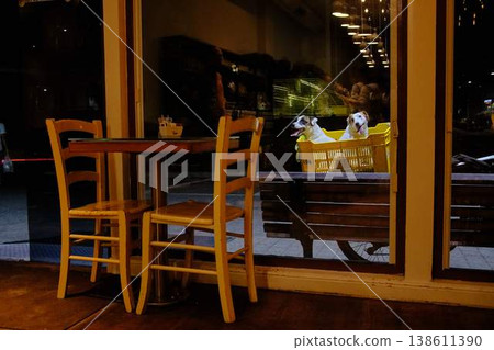 Two dogs sitting in a basket on a bicycle outside a cozy cafe at night, urban lifestyle scene Two dogs sitting in a basket on a bicycle outside a cozy cafe at night, urban lifestyle scene 138611390
