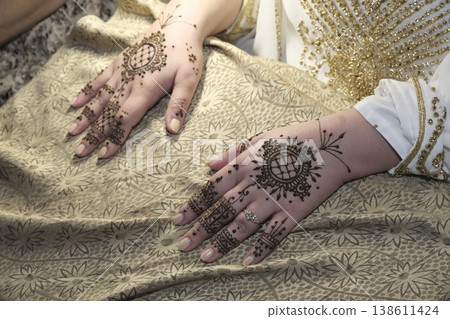 Moroccan henna tattoo on female hands during traditional celebration ceremony Moroccan henna tattoo on female hands during traditional celebration ceremony 138611424