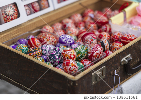 Hand painted Ukrainian pysanky Easter eggs in suitcase Hand painted Ukrainian pysanky Easter eggs in suitcase 138611561