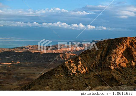 Dramatic desert coastline landscape with storm clouds over calm sea 138611652