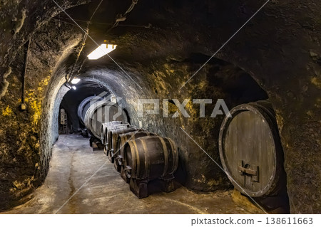 Historical wine cellar with aging barrels in Znojmo, Czechia Historical wine cellar with aging barrels in Znojmo, Czechia 138611663