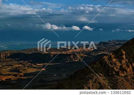 Dramatic desert coastline landscape with storm clouds over calm sea 138611692