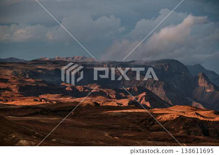 Dramatic desert coastline landscape with storm clouds over calm sea 138611695
