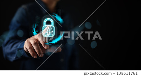 A businessman touching a digital padlock icon representing cybersecurity and data protection technology, symbolizing internet security, privacy defense, and online safety in the digital world. 138611761